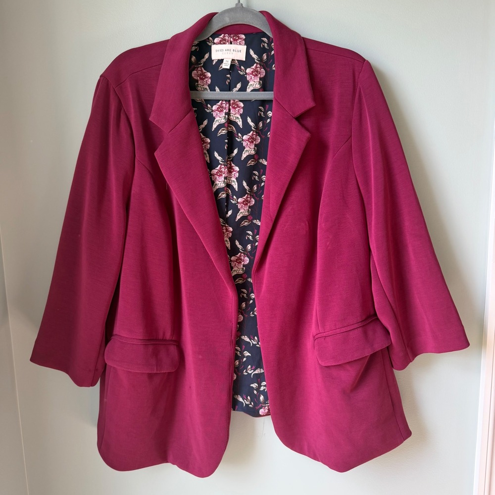 Skies Are Blue Curvy Modal Knit Blazer Fushia Open Front 3/4 SLV Floral Lined 2X